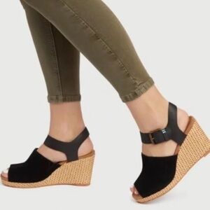 TOMS Tropez Jute Wedge Platform heel sandals black suede women size 8